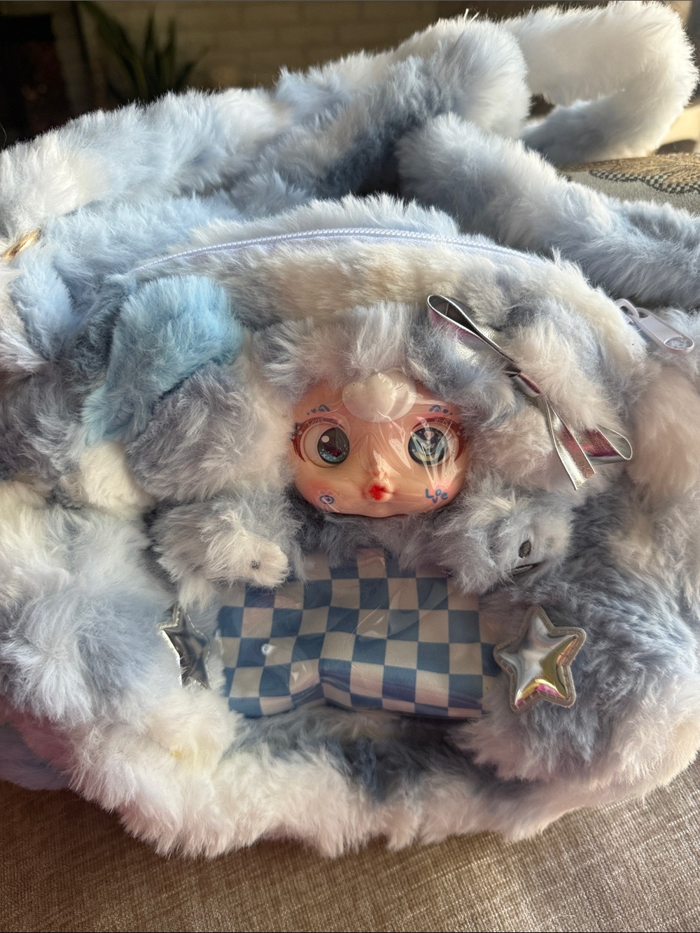 Fuzzy Plush Doll Purse with Blue-Gray Fur and Star Accents